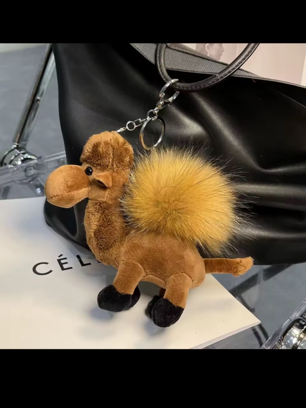 Plush Camel Keychain - Orange Faux Fur Pom Pom - Picture 3 of 7